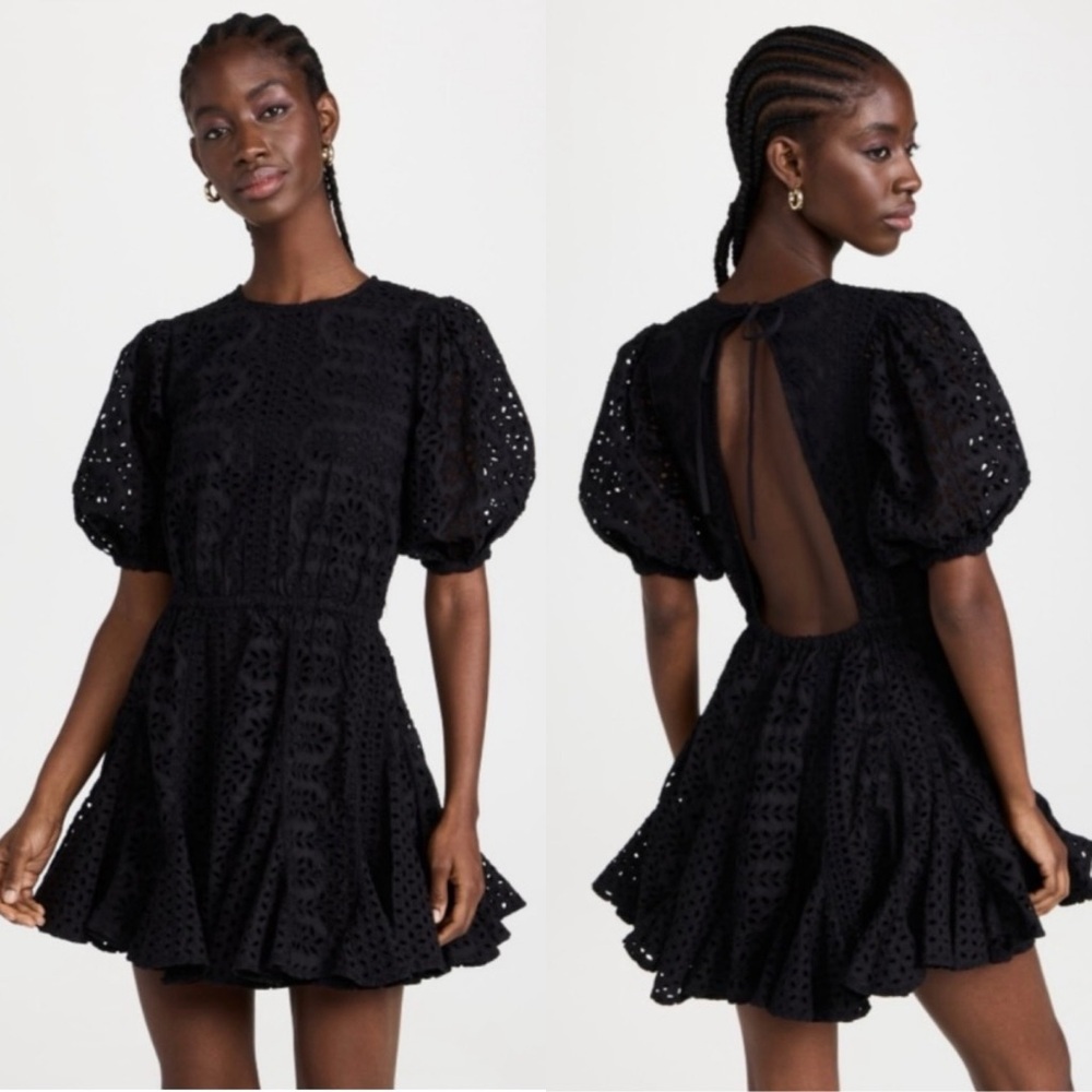 RHODE Black Eyelet Backless Puff-Sleeve Mini Dress